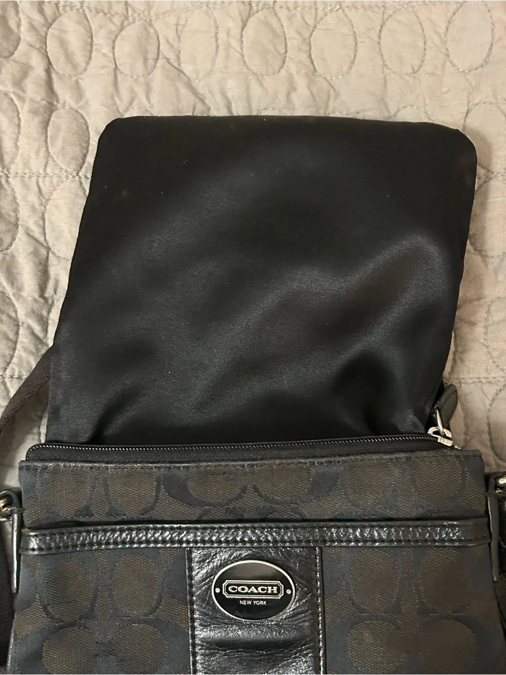 Coach Signature Black Jacquard File Crossbody Bag Leather Trim